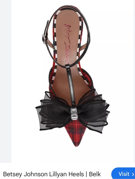Betsey Johnson Shoes - Betsey Johnson Red Plaid Pointed T-Strap Heels with Black Bow Accent